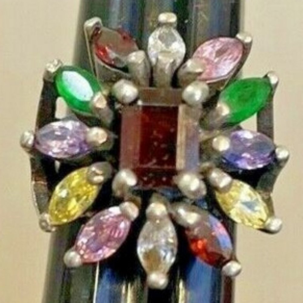 large chunky Multi Color crystal 925 Sterling Silver Floral cluster Ring Size 7